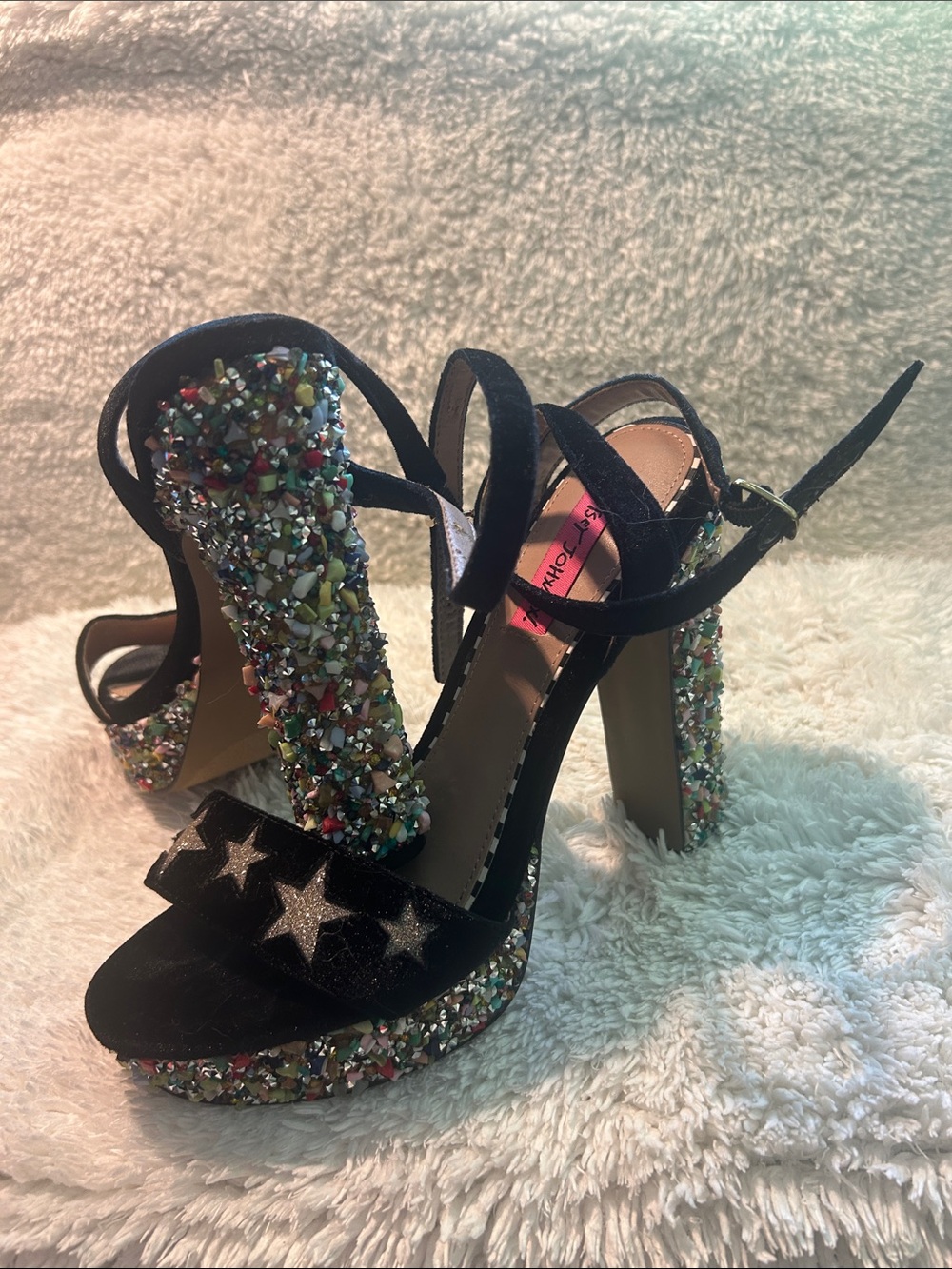 Betsey Johnson Black Platform Heels with Multicolor Crystal Embellishment